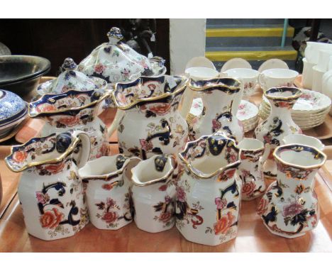Tray of Mason's Ironstone 'Mandalay' pattern jugs and vases to include five octagonal jugs, one baluster shaped pedestal jug,
