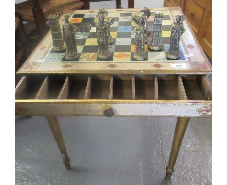 Reproduction gilt wood games table with printed playing surface. 52 x 52cm approx.(B.P. 21% + VAT) 