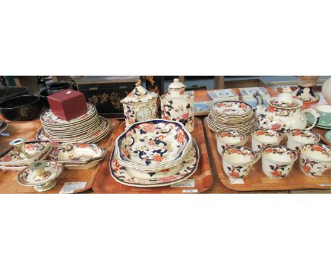 Three trays of Masons 'Mandalay' part tea and dinnerware etc.: teapot with six cups and saucers and six tea plates, eight lar