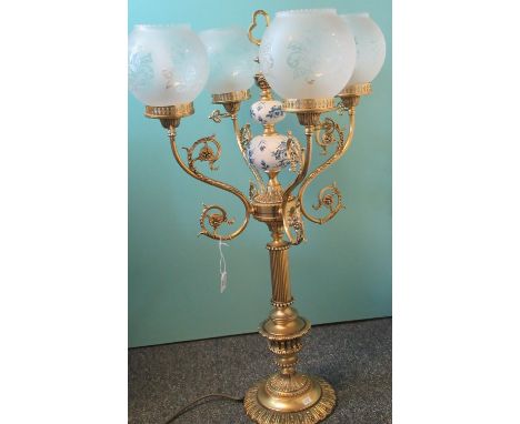 Modern gilded four branch candelabrum design table lamp with etched glass shades. 85cm high approx.(B.P. 21% + VAT) 