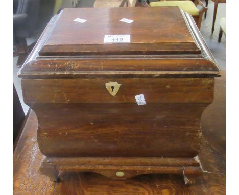 19th century Welsh oak sarcophagus-shaped caddy with stepped top, bone escutcheon and baluster feet. 29cm wide approx.(B.P. 2