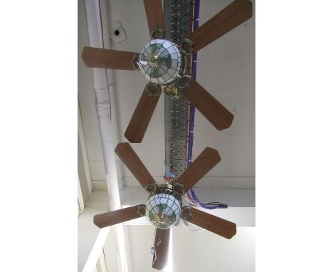 Pair of modern wood and metal and leaded glass ceiling light fans. (2)(B.P. 21% + VAT) 