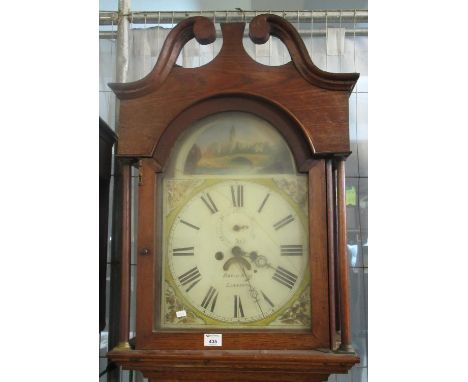 19th century Welsh oak 30 hour longcase clock by David Rees, Llanarth. Arch painted Roman face with floral spandrels and scen