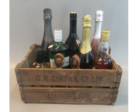 Wooden G.R Smith & Co. Ltd. crate containing bottles of alcohol to include: Gordons Gin, M&S Elderflower Liqueur, Jacobs Cree