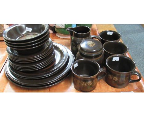 Royal Doulton 'Basque' modern stoneware part dinner set in chocolate brown with basket of flowers illustration to include fou