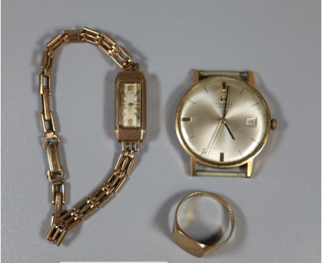 A Tissot gold gentleman's wrist watch with date aperture, a gold ladies rectangular face cocktail watch with chain bracelet a