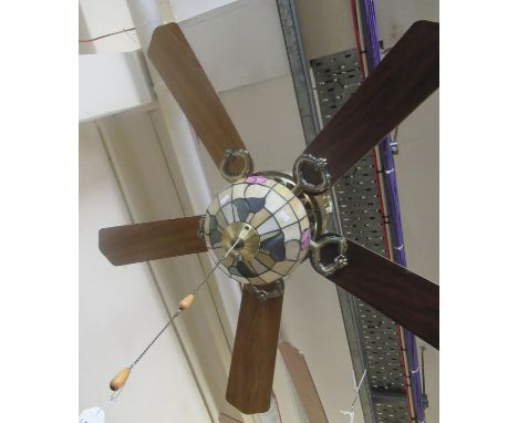 Modern brass wood and leaded glass ceiling light fan.(B.P. 21% + VAT) 