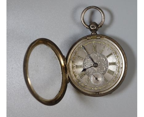 Silver engine turned keyless lever pocket watch with fancy engine turned Roman face having seconds dial.(B.P. 21% + VAT) 