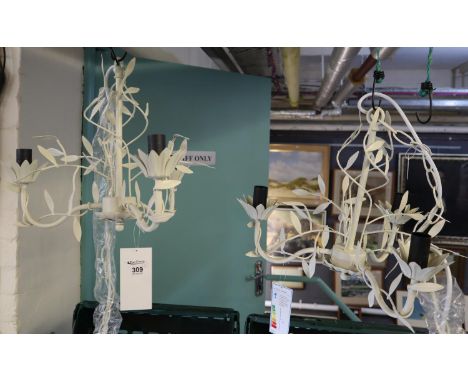 Two boxes containing two unused Laura Ashley pendant light fittings, three branch light fittings with floral and leaf design 