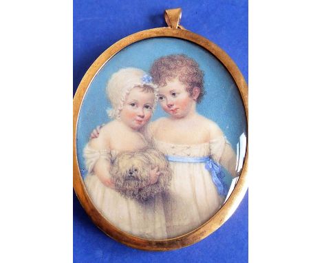 An oval portrait miniature, colour print study of two children, gilt-frame (7cm high)Condition Report: Please note that this 