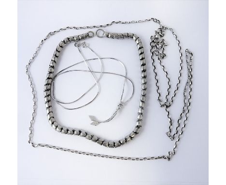 Three necklaces in gold, silver and enamel:&nbsp;an 18-carat white-gold necklace, marked .750 (16"); a .925 silver-chain neck