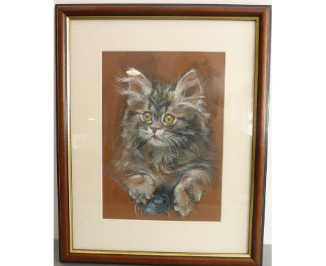 A parcel gilt-framed and glazed pastel/body colour study of a young kitten playing with a blue string ball, monogrammed lower