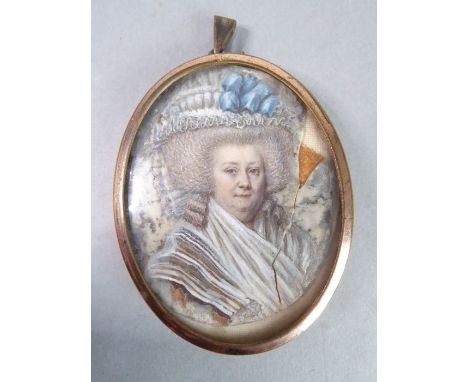 A mid-19th century Continental oval portrait miniature within gilded frame; shoulder-length portrait of a female with large p