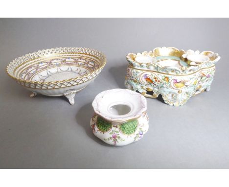 Two pieces of Dresden porcelain and one other Continental piece: a Dresden porcelain bowl with reticulated lip and decorated 