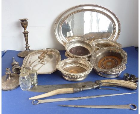 Various late 19th/early 20th century silver plate etc. to include candlesticks for restoration, serving trays, a bone-handled