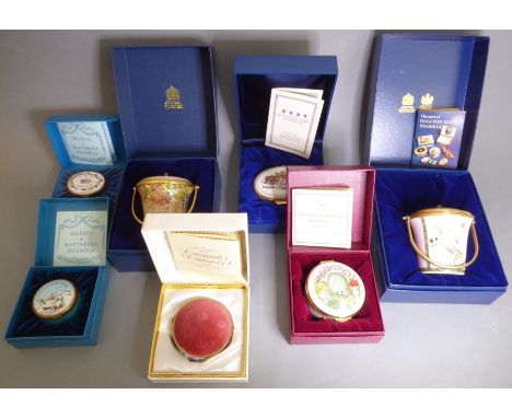 A good selection of seven enamelware boxes and pails (mostly Halcyon Days), all boxed and six items with corresponding paperw
