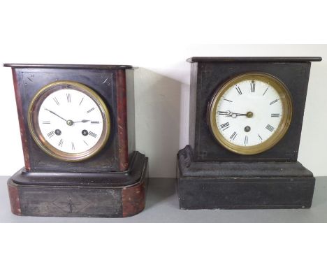 Two late 19th century slate and marble-cased mantle clocks: white-enamel dials with Roman numerals; one for restoration; the 