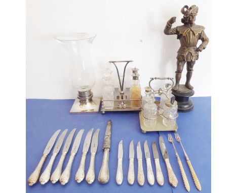 An assortment of items to include two cut-glass cruet sets with silver-plated stands, 19th and 20th century knives mostly wit