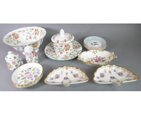 Minton Haddon Hall ceramics (various) together with a boat-shaped Royal Crown Derby trinket dish in the 'Derby Posies' patter