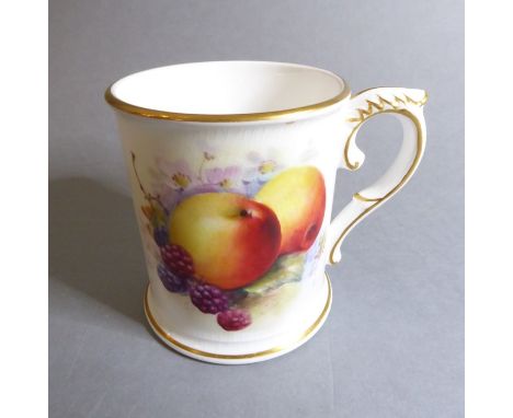 An early 20th century Royal Worcester miniature porcelain tankard; hand decorated with various fruits, printed marks to under