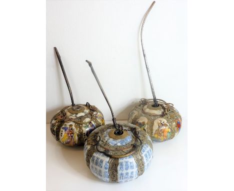 Three Chinese ceramic and metal-mounted pots and covers (as pipes) each of melon form and decorated with characters and some 