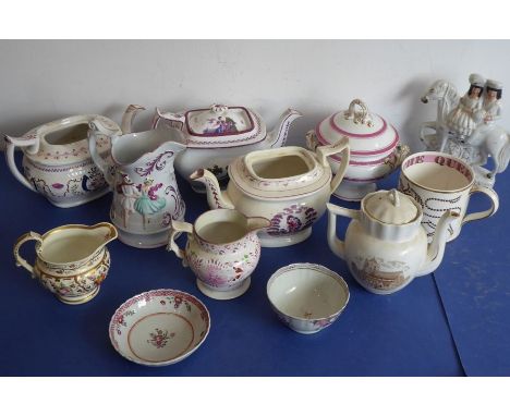 A selection of mostly mid-19th century teapots, jugs and other similar; to include a 19th century Sunderland lustre jug with 