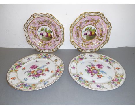 A pair of 19th century shaped porcelain cabinet plates and a pair of Dresden-style porcelain dishes: the plates with floral g