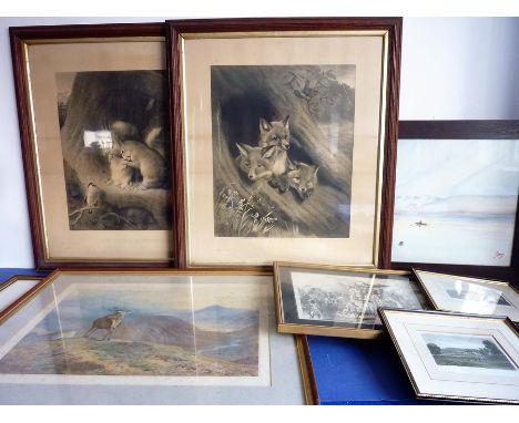 Eight decorative wall hanging pictures and prints:1. a pair of framed and glazed late 19th century monochrome engravings 'Lit