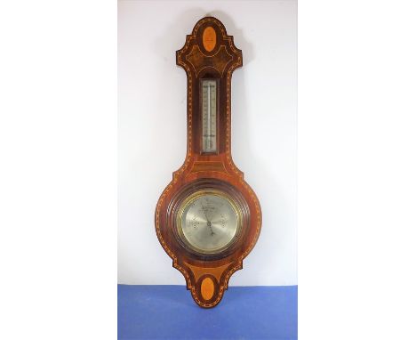 A Sheraton revival mahogany aneroid barometer and thermometer with inlaid shell design