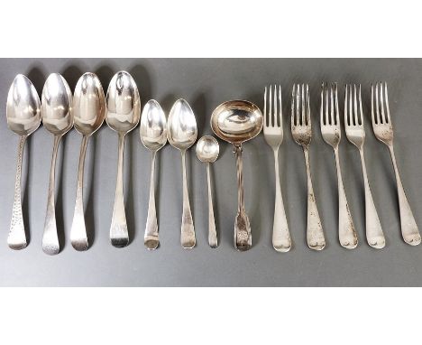 A selection of hallmarked silver flatware; to include serving spoons, table forks and a fiddle and thread pattern ladle, vari