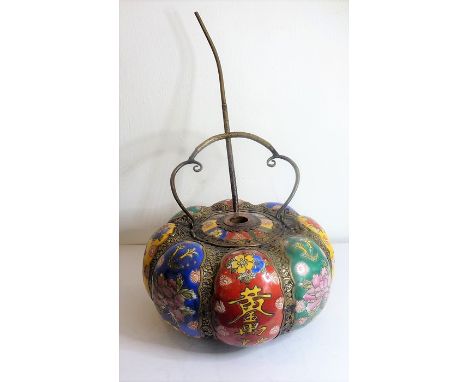 A large Chinese ceramic and metal mounted melon-shaped pot and lid (as a pipe); each panel hand-decorated in enamels with flo