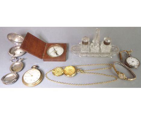 A selection of mostly pocket watches and pocket watch cases: a gold-plated Ingersoll pocket watch, two 19th century silver-pl