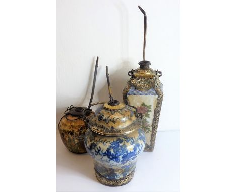 A Chinese baluster-shaped blue and white ceramic vase and cover; mounted with white metal now sealed as a pipe; the ceramic v