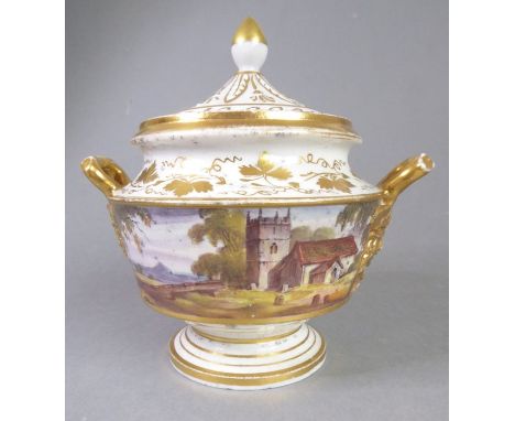 A good early to mid-19th century porcelain potpourri and cover; in Spode-style with gilded cover, circular body with two gild