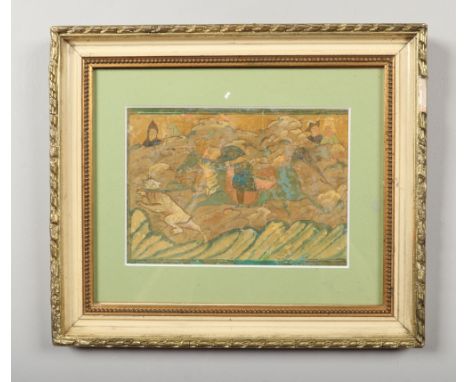 An early 19th century Kajhar mixed media picture in later parcel gilt frame. Depicting a wolf hunt with a mounted huntsman an