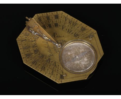 An 18th century brass Butterfield pocket sundial compass. With folding gnomon ornamented with a pair of birds and inscribed t
