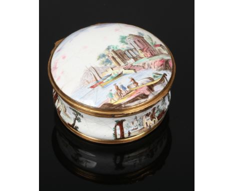 An 18th century Continental enamel table snuff box with gilt metal mounts. Decorated with a harbour scene with figures, boats