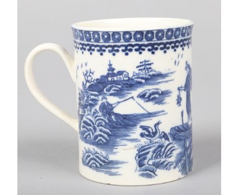 A Caughley tankard with reeded strap handle. Printed in underglaze blue with the Fisherman and Cormorant pattern. S mark c.17