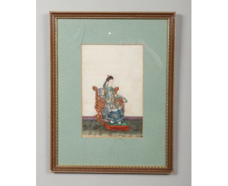 A 19th century Chinese painting on pith paper in later gilt frame. Portrait of an Empress seated upon a throne, 26cm x 17cm. 