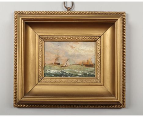 Attributed to Charles Napier Hemy R.A. R.W.S. (1841-1917) small gilt framed oil on panel. Seascape with numerous vessels, 9cm