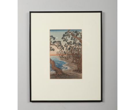 Utagawa Hiroshige (Japanese 1797-1858) framed coloured woodblock print on crepe paper. Coastal scene with pine trees from the