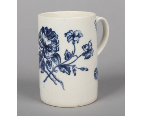 A rare Caughley cylindrical mug with grooved strap handle. Printed in underglaze blue with the Thorny Rose pattern. S mark c.