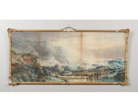 R. Hunter (English 19th century) gilt framed watercolour. Coastal scene with rough seas. Signed and dated 1855, 33cm x 75cm. 