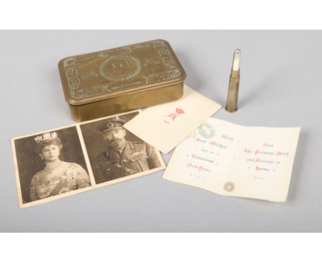 A First World War Princess Mary Christmas Gift Fund tin 1914. With original bullet case pencil, New Years Greeting card and p