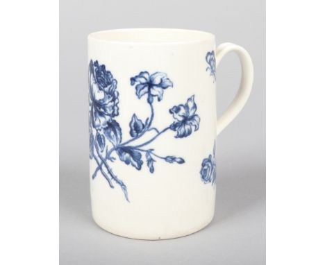 A large Caughley cylindrical tankard having strap handle with moulded thumb piece. Printed in underglaze blue with the Bouque