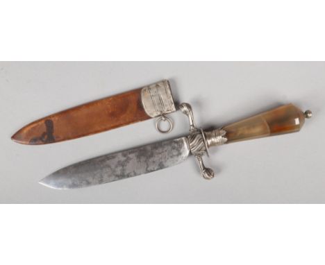 An 18th century German hunting knife in leather scabbard. With silver mounts and faceted agate handle. Blade stamped with a s