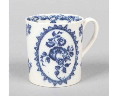 A Caughley coffee can with grooved loop handle. Printed in underglaze blue with the Fruit Wreath pattern. Workman's mark to t