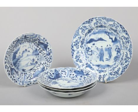 A Chinese Kangxi blue and white dish and set of four similar smaller examples. The larger painted in underglaze blue with a c