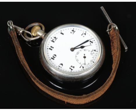 A World War I Swiss made trench pocket watch. Chrome plated, with screw back, enamel dial and subsidiary seconds. With leathe