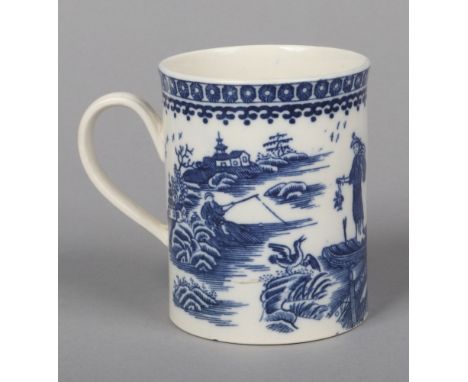 A small Caughley cylindrical mug with reeded strap handle. Printed in underglaze blue with the Fisherman &amp; Cormorant patt